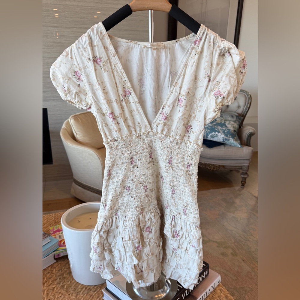 LoveShackFancy Cream Mini Dress with Pink Floral Print